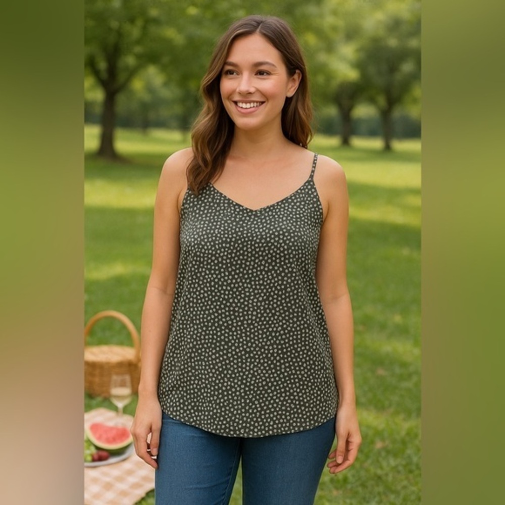 Mine Anthropologie Olive White Dots Cami Style Top Boho Peasant NWT L #2393